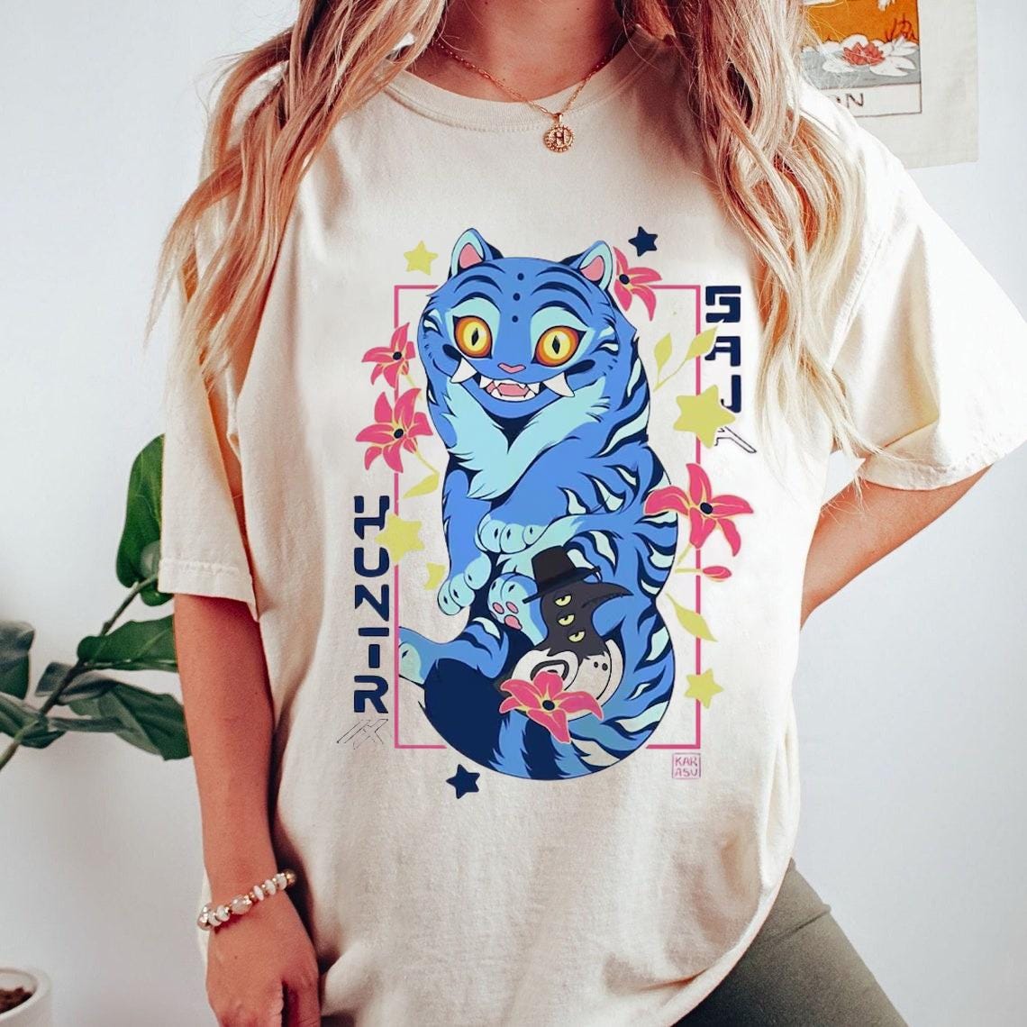 Kpop Demon Hunters Tiger T-Shirt, Derpy the Tiger And Bird Demon Hunter Tiger Tee, Demon Hunter Merch, Hunters Tiger fan