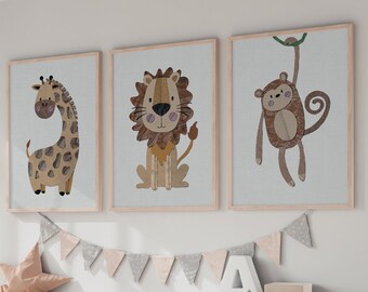 Nursery Prints, Safari Nursery Set of 3, Neutral Safari Animals Wall Decor, Childs Room, Play Room Art, Neutral Nursery Wall Art