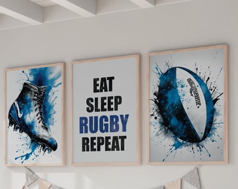 Rugby Print Set of 3, Perfect Boys Bedroom Decor, Eat Sleep Rugby Repeat, Rugby Lovers Decor, Rugby Gifts, Boys Bedroom Prints Wall Art