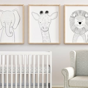 Line Art Safari Nursery Wall Art Set, Nursery décor, Monochrome Safari, Ink safari Art, Modern Safari Wall Prints, Jungle Safari Nursery