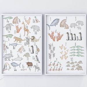 Láminas de aprendizaje del alfabeto ABC y 123 para guardería, animales de safari educativos, pósteres de pared con imágenes de aprendizaje para niños, arte educativo para salas de juegos