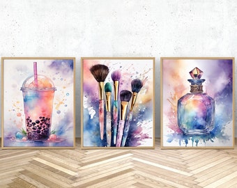 Tween Girls Room Decor, Print set of 3 watercolour Pink, Purple splash wall art. Bubble tea, Perfume and Makeup Brushes,