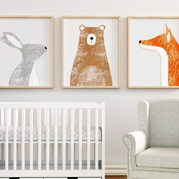 Printable Woodland Nursery Print set of 3, Digital Instant Download Wall Art, Lino Print Style Prints including a Bear, Rabbit and Fox Art