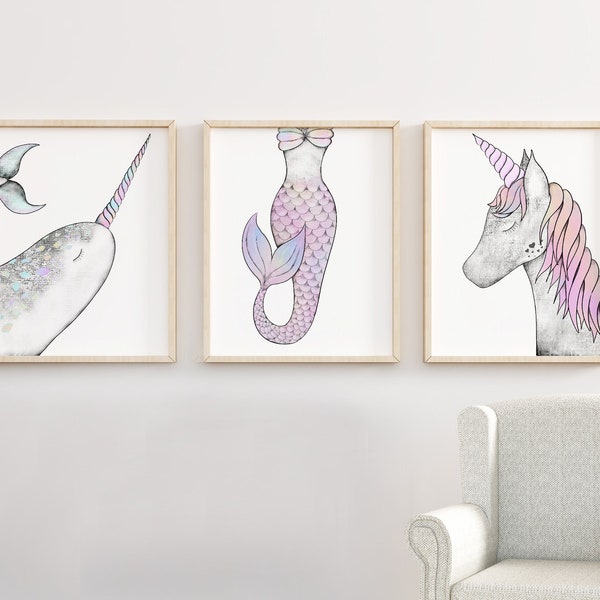 Unicorn Narwhal Mermaid Printable Girls Room Print Set, Girls Room Art, Nursery décor, Nursery Prints, Unicorn Art, Mermaid Décor, Wall Art