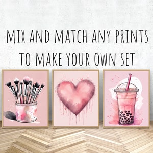 Tween Teen Girls Bedroom Décor, Print Set of 3 Watercolour Pink Ink Splash Wall Art Hangings. Bubble Tea, Makeup Brushes and Heart Prints