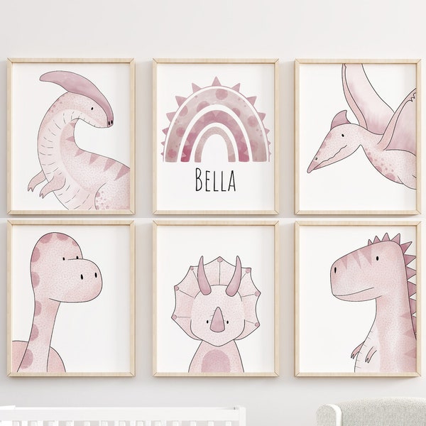 Personalised Rainbow Dinosaur Nursery Print Set, In Blue, Green or Pink. Dinosaur Nursery décor, Kids room wall art, Nursery Art Pictures.