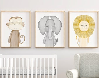 Printable Sleepy Animal Nursery print Set of 3, Perfect Nursery Decor for a Safari Themed Animal Room, Instant Dowload, Printable Wall Art