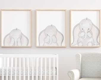 Elephant Nursery Wall Art Décor, Elephant Peek-a-boo Nursery Prints, Neutral Nursery Décor, Elephant Nursery Art, Girls Nursery Pictures