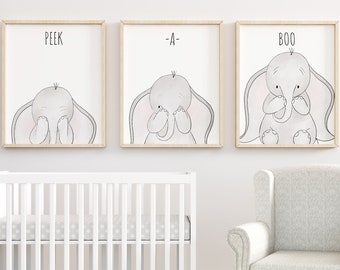 Elephant Nursery Wall Art Décor, Elephant Peek-a-boo Nursery Prints, Neutral Nursery Décor, Elephant Nursery Art, Girls Nursery Décor Poster