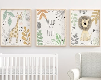 Wild and Free Safari Nursery Print Set of 3, Safari Nursery décor pictures, Lion Giraffe Wall Art Nursery Print, wild and Free print