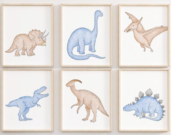 Blue Dinosaur Print Set, Boys Nursery Print Set, Dinosaur Décor, Dinosaur Nursery Art, Boys Room Décor, Boys Nursery Wall Art Pictures