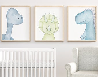 Digital - Blue Dinosaur Print Set, Dinosaur Decor, Dinosaur Nursery Art, Boys Nursery, Dinosaur Wall Art, Printable Wall Art, Printables