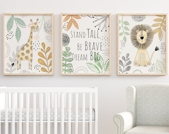 Stand Tall, Be Brave, Dream Big Safari Nursery Print set, set of 3, Safari Nursery decor, Lion Nursery Print, Giraffe Nursery Art Pictures