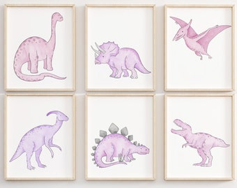 Pink Dinosaur Print Set, Dinosaur Room Decor, Dinosaur Nursery Art, Girls Dinosaurs, Girls Room Decor, Girls Nursery, Nursery Print Set 6