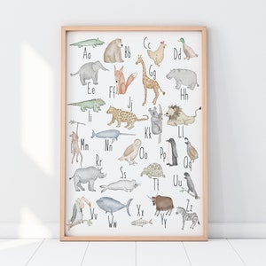 Stampa educativa per la stanza dei giochi della cameretta dei bambini con animali dell'alfabeto ABC, stampa educativa per la stanza dei bambini con safari, graziosa decorazione da parete per la stanza dei bambini