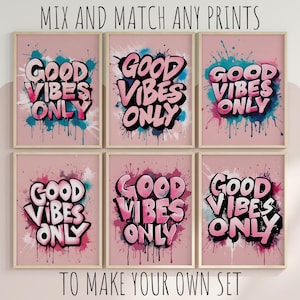 Tween Girls bedroom Wall Art Décor, Teenager &#39;GOOD VIBES ONLY&#39; watercolour Pink teen bedroom wall art hangings, Pink splash Cool Girl Art