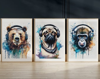 Animal Gaming Print, Gamer Gift, Set of 3, Gaming Prints, Games Room Wall Art, Boys Bedroom Décor, Music Lover Wall Art, Modern Games Room