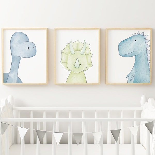 Blue Dinosaur Print Set of 3, Dinosaur Décor, Dinosaur Nursery Art, Boys Nursery, Dinosaur Nursery Wall Art, Nursery Décor, Digital