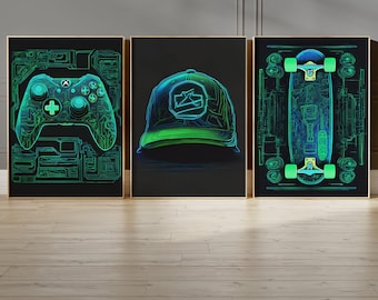 Teen Tween Neon Gamer Print Set Of 3, Boys Bedroom Wall Prints, Teenager Boys Gaming Set Bedroom Décor, Gamer Gift Ideas, Skateboard Print