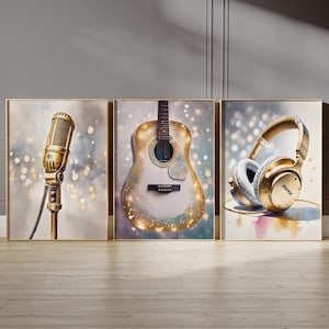 Tween Teen Girls Bedroom Wall Décor, Print set Teenager Girl Wall Art Hangings, Headphones, Microphone and Guitar Singer Music Lover Prints