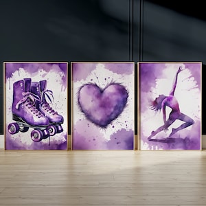 Tween Girls Room Décor, Print set of 3 watercolour Purple teen wall art hanging pictures, Ink splash heart, roller skates, dance gymnastics