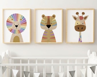 Nursery Prints, Set of 3, Safari Décor Wall Art, Nursery Rainbow Wall Art, Rainbow theme Nursery, Animal Picture and Posters.