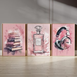 Tween Teen Girls Bedroom Décor, Print Set of 3 Watercolour Pink Ink Splash Wall Art Hangings. Book Lover, Music Headset and Perfume Prints