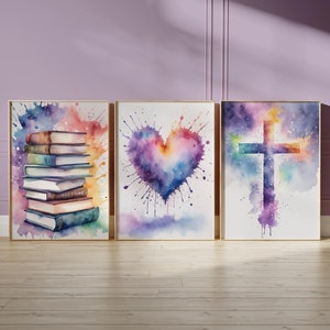 Tween Teen Girls Bedroom Wall Décor, Print set of Teenager Girl Wall Art Hangings, Book Lover, Heart and Cross Dorm Room Art Prints