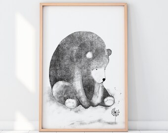 Dandelion Nursery Print, Bear Nursery Animal Wall Art, Nursery Print, Animal Prints, Nursery Decor, Girls Room Art, Prints, Wall Art Digital