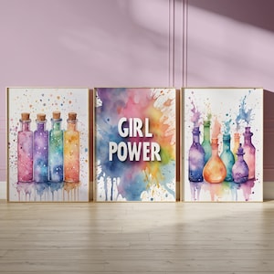 Tween Teen Girls Bedroom Wall Décor, Print set of 3 Teenager Girl Wall Art Hangings, Girl Power, Glitter and Making Potions Dorm Room Prints