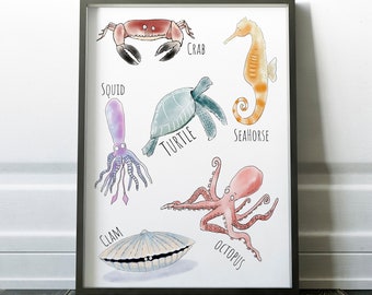 Nursery Sea Life Wall Art Print, Ocean Animal Wall Art Poster, Sea Creatures Theme Nursery, Seaside Nursery Art Pictures, Seahorse, Crab