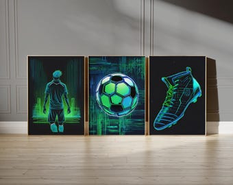 Neon Football Wall Art Prints, Tween Teen Boys Soccer Bedroom Decor