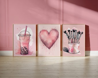 Tween Teen Girls Bedroom Décor, Print Set of 3 Watercolour Pink Ink Splash Wall Art Hangings. Bubble Tea, Makeup Brushes and Heart Prints