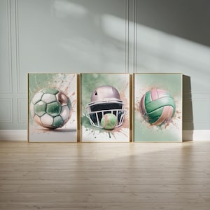 Sage Green Sports Prints, Tween Teen Girls Bedroom Wall Décor, Softball, Volleyball, Football
