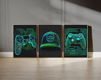 Tween Teen Neon Boys Bedroom Wall Art Prints, Boys Gaming Room Decor
