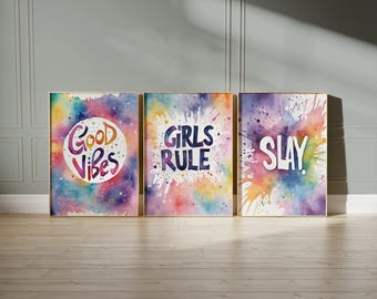 Preteen/Teen Girls Bedroom Decor Wall Art Prints, Tween Slay, Good Vibes, Girls Rule