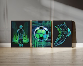 Neon Football Wall Art Prints, Tween Teen Boys Soccer Bedroom Decor