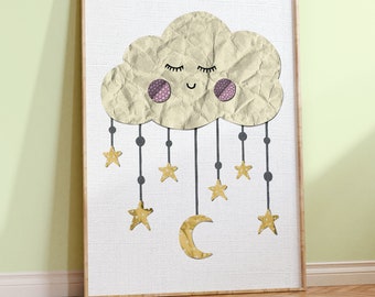 Cloud Nursery Print, Moon and Stars Nursery Art, Nursery Wall Décor in Pink, Blue, Grey and Neutral. Nursery Pictures Posters Art.