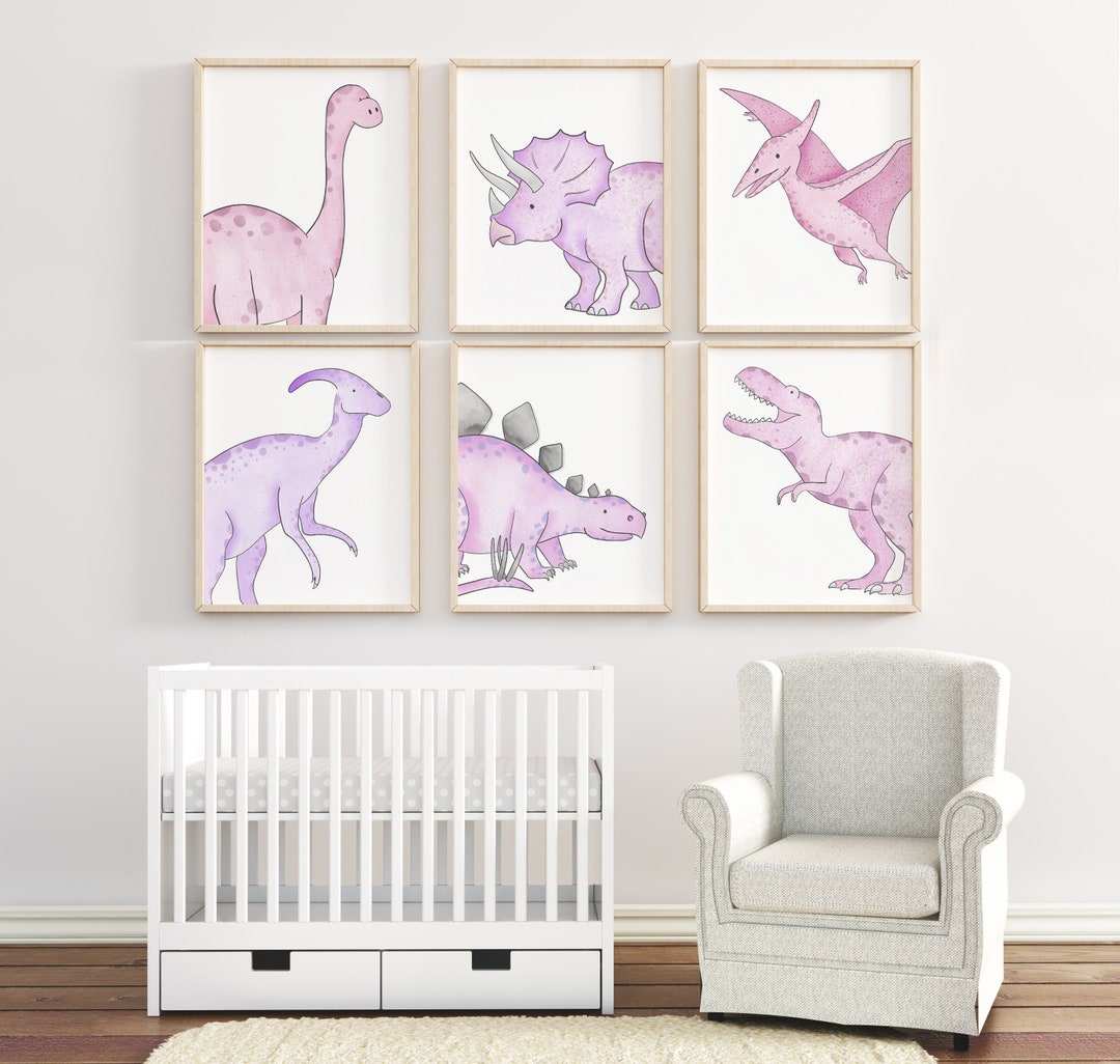 Pink Dinosaur Room Décor, Pink Dinosaur Print Set, Dinosaur Nursery Art ...