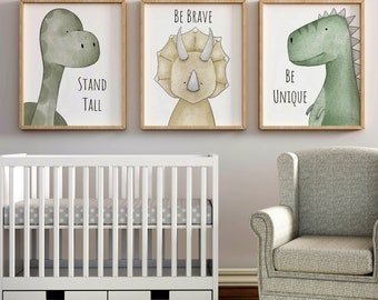 Nursery Dinosaur Nursery Print Set of 3, Dinosaur Wall Art Picture Posters, Dino Décor, Boys Room Art, Stand Tall, Be Brave, Be Unique,