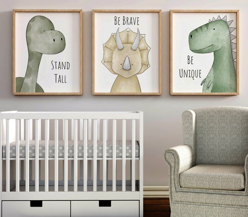 Nursery Dinosaur Nursery Print Set of 3, Dinosaur Wall Art Picture Posters, Dino Décor, Boys Room Art, Stand Tall, Be Brave, Be Unique, image 1