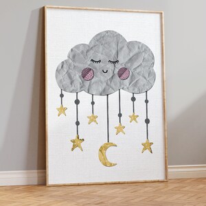 Paper Cut Cloud Nursery Print, Moon and Stars Nursery Wall Art Hangings, Neutral Nursery Wall Décor, Boho Baby Zimmer Nursery Pictures Art.