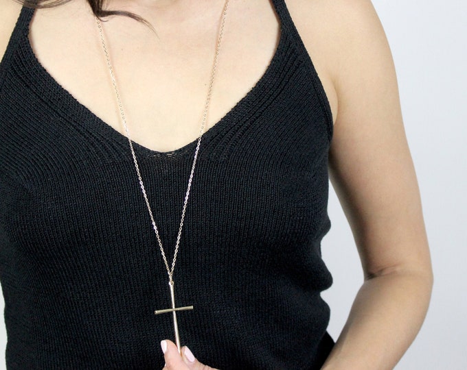 Modern Long Cross Necklace // Silver or Gold // Christian Gift