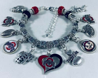 College Jewelry Ohio State Buckeyes Stainless Steel Adjustable Bangle Bracelet with Yellow Gold Plated Round Charm