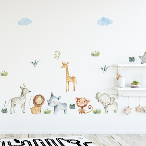 Jungle Safari Animal Wall Stickers, Murale murale écologique pour animaux / Décor de la pouponnière / Décalcomanie murale aquarelle pour les enfants en bas âge