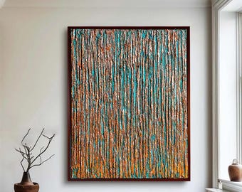Copper Abstract Painting, Turquoise Textured Canvas Wall Art, Metal wall art