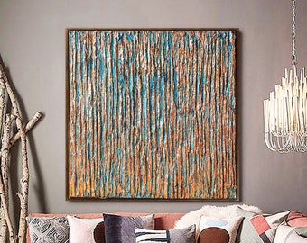 Abstract texture painting on canvas, Leaf painting, Modern artwork, Copper turquoise painting, Original canvas art, living room decor