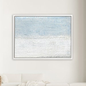 Acrylic painting on canvas, Abstract minimalist artwork, textured boho style painting, horizontal art, blue and white wall art, jute texture