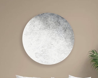 Abstract textured round painting on canvas ready to hang, moon wall art, minimalist white gray painting for living room, custom luxury gifts