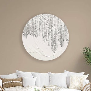 Abstract textured round painting on canvas ready to hang, moon wall art, minimalist white painting for living room, custom luxury gifts image 1